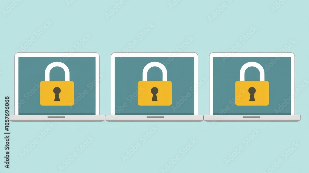 Aufkleber set of three laptops with digital padlocks as a symbol for cybersecurity and data protection