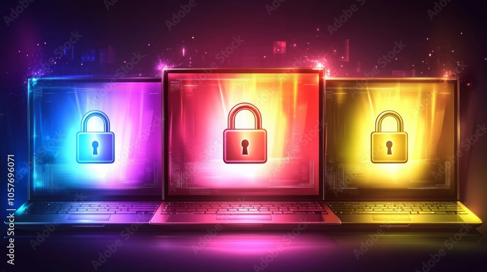 Aufkleber set of three laptops with digital padlocks as a symbol for cybersecurity and data protection