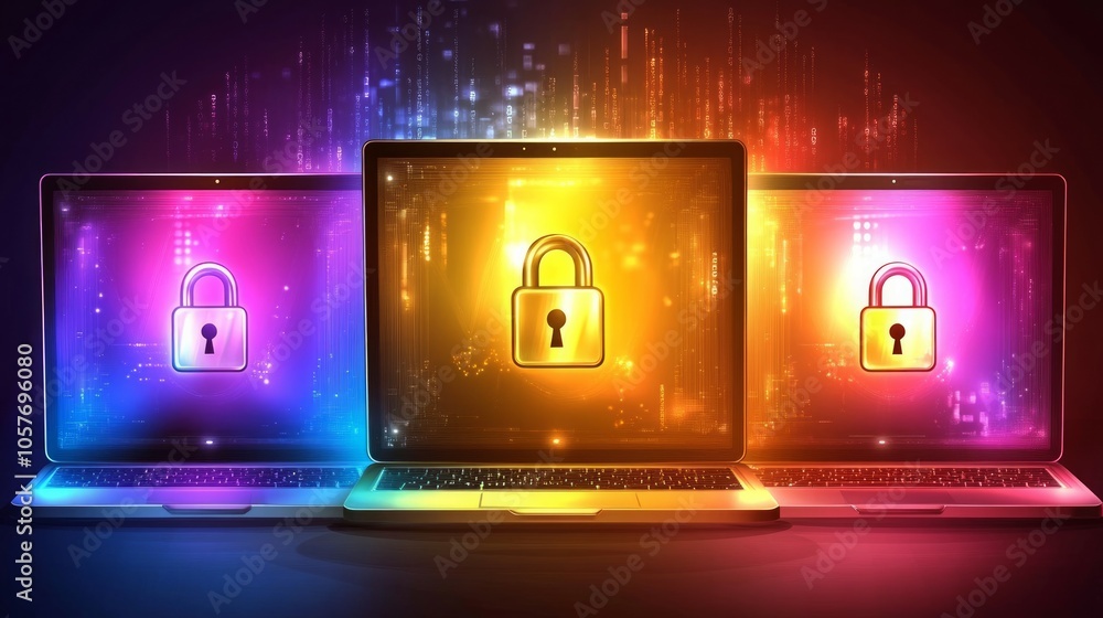 Poster set of three laptops with digital padlocks as a symbol for cybersecurity and data protection