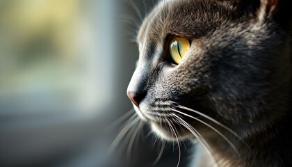 Close-Up Side Profile of a Charming Russian Blue Cat with Sunlit Fur and Whiskers