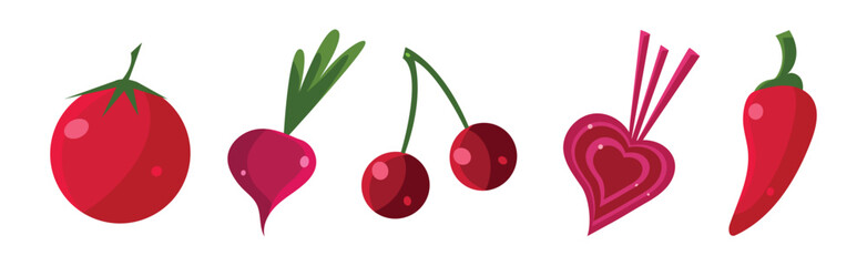 Red Fruit and Veggie with Tomato, Cherry, Beet and Pepper Vector Set