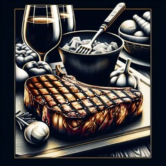 A grilled steak on a wooden board with wine glasses, ice, and vegetables, creating a culinary scene.