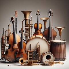 A collection of musical instruments, including violins, trumpets, drums, and a keyboard.