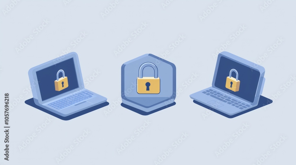 Poster set of three laptops with digital padlocks as a symbol for cybersecurity and data protection