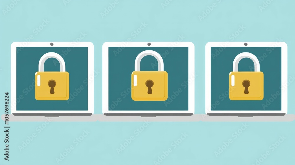 Aufkleber set of three laptops with digital padlocks as a symbol for cybersecurity and data protection