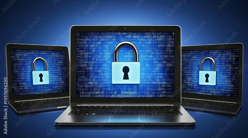 Poster set of three laptops with digital padlocks as a symbol for cybersecurity and data protection