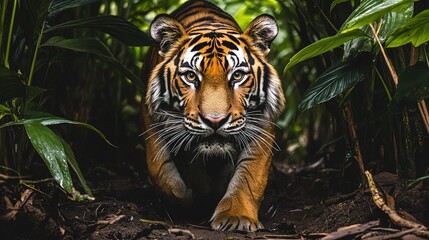 Fototapeta premium A wildlife photography shot of a tiger emerging from the dense jungle, with its eyes locked onto the camera.