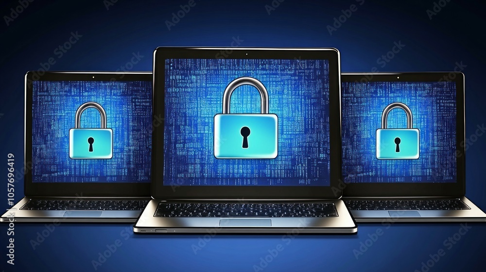 Poster set of three laptops with digital padlocks as a symbol for cybersecurity and data protection