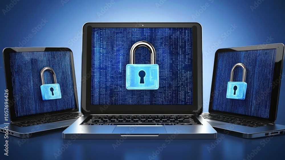 Poster set of three laptops with digital padlocks as a symbol for cybersecurity and data protection