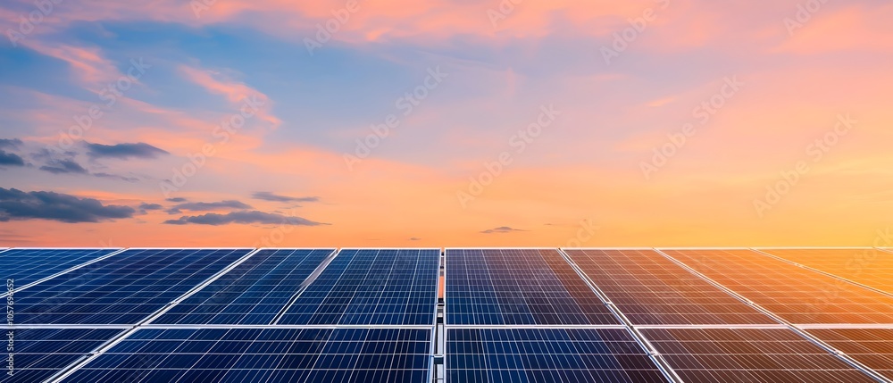 Poster expansive solar farm stretching across a vast and serene landscape symbolizing the transition to cle