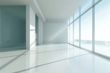 Fototapeta premium Minimalist open space with floor-to-ceiling windows and natural light.