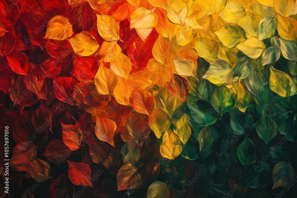 Poster close-up of autumn leaves in red, yellow, and green colors, creating an abstract pattern with light 