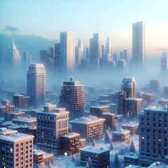 Obraz premium A snowy cityscape with tall buildings glows under a soft blue sky.