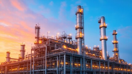 Fototapeta premium Intricate Refinery Structures at Sunset