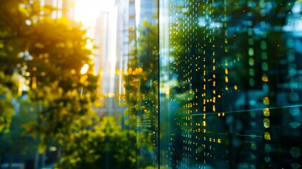 Fototapeta premium City Reflections with Green Trees and Digital Patterns
