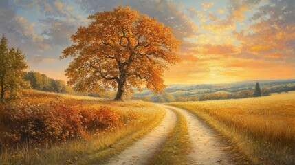 Winding country road leading towards golden sunset in autumn landscape