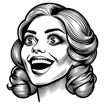 recommend clip art: excited woman with dollar signs in her eyes, symbolizing greed, money, and consumerism sketch engraving generative ai PNG illustration. Scratch board imitation. Black and white image.