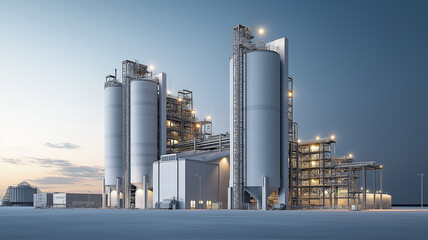Obraz premium Industrial factory exterior with silos at dusk, lights glowing