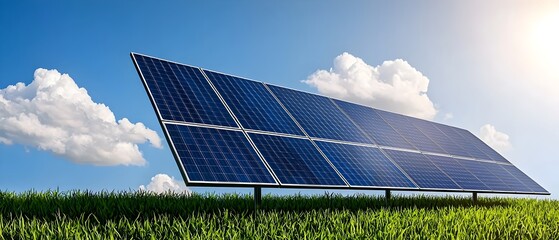 Stunning landscape with a blue solar panel array set against a lush green meadow showcasing the harmony between renewable energy technology and the natural environment