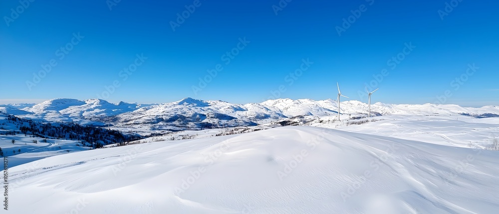 Poster hybrid renewable energy site featuring both wind turbines and solar panels working together to gener
