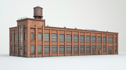A weathered brick factory with a water tower