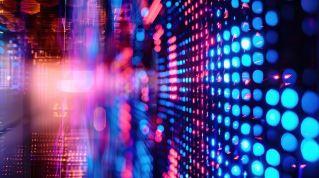 Colorful lights and screens blur together in a dazzling display at a tech conference afterparty.