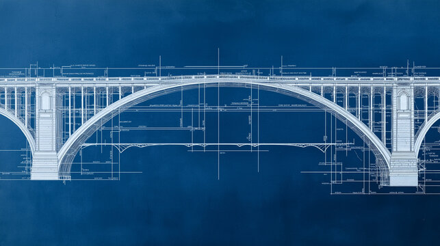 Blueprint Bridge Design: Architectural marvel,  a detailed blueprint of an elegant arch bridge against a deep blue backdrop. This image evokes themes of construction, engineering, and infrastructure.
