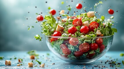 Fresh salad exploding with croutons and cherry tomatoes