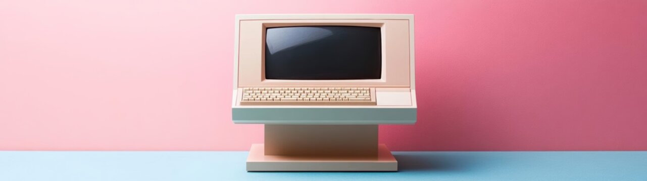 Vintage desktop computer on a blue and pink surface