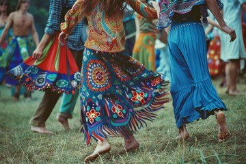 Colorful bohemian outdoor dance gathering with vibrant clothing and barefoot participants. Classic hippie style, 1970s aged photo