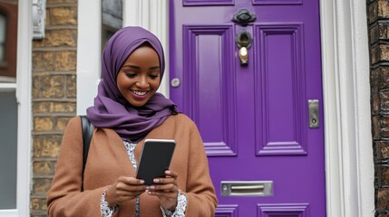 Confident Muslim Woman Standing in Front of Purple Door