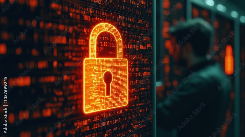 Poster digital lock icon on virtual screen with glowing effect