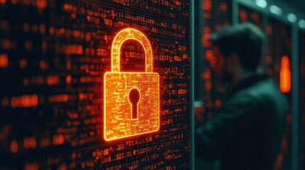 Digital Lock Icon on Virtual Screen with Glowing Effect