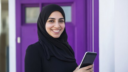 Smiling Woman in Black Hijab Holding Smartphone