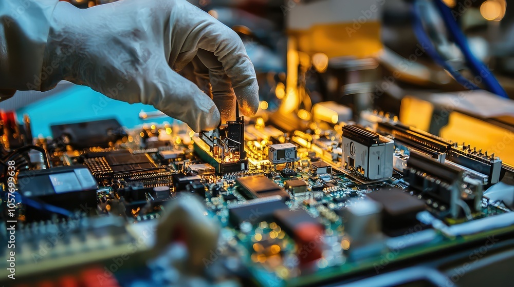 Poster assembling electronics with robot machinery in clean room