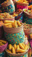 Fototapeta premium Fresh Corn Baskets at Farmers Market