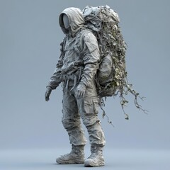 Fototapeta premium A lone figure in hooded attire burdened by a massive backpack overgrown with vines