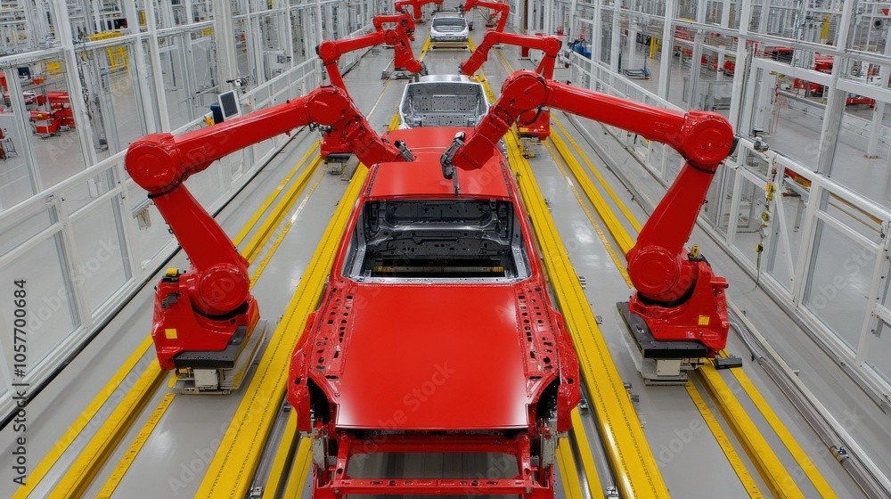 Poster automated car assembly line with robotic arms