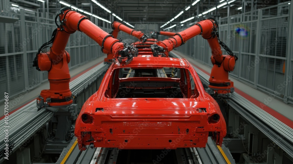 Poster automated car assembly line with robotic arms