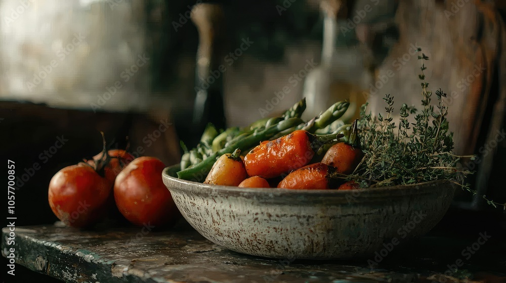 Poster fresh vegetables on rustic table setting