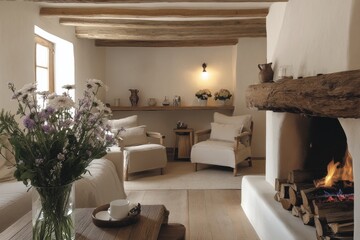 Cozy living room with warm fireplace, rustic decor, and comfortable seating in autumn