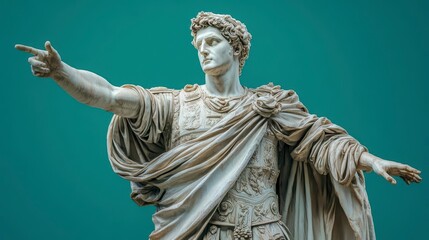 A marble statue of a Roman emperor pointing his finger towards the viewer
