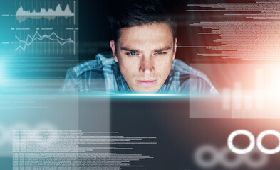 IT, programmer and man with hologram, data analysis or digital software with security analytics....
