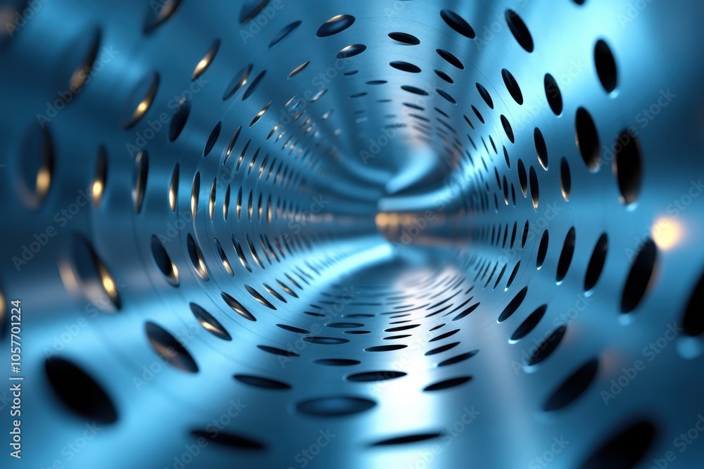 Poster a close-up view of a metallic tunnel showcasing intricate perforated design and reflections