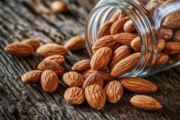 Natural almonds spilling from glass jar on rustic wooden table