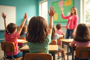 Active Classroom Scene with Curious Students Eagerly Raising Hands for Questions
