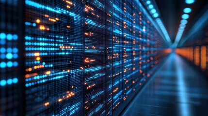 A long hallway lined with server racks, glowing with blue and orange lights, suggesting data transfer and processing.