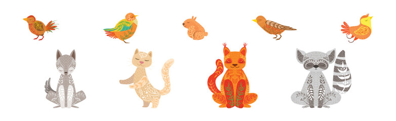 Ethnic Patterned Animals with Body Ornament Vector Set