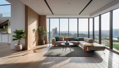 Clean interior with furniture, carpet, wooden flooring, panoramic windows, city view and daylight. 3D Rendering.