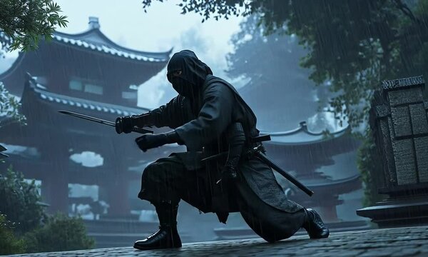 A hooded ninja prepares to strike in a misty, rain-soaked environment.